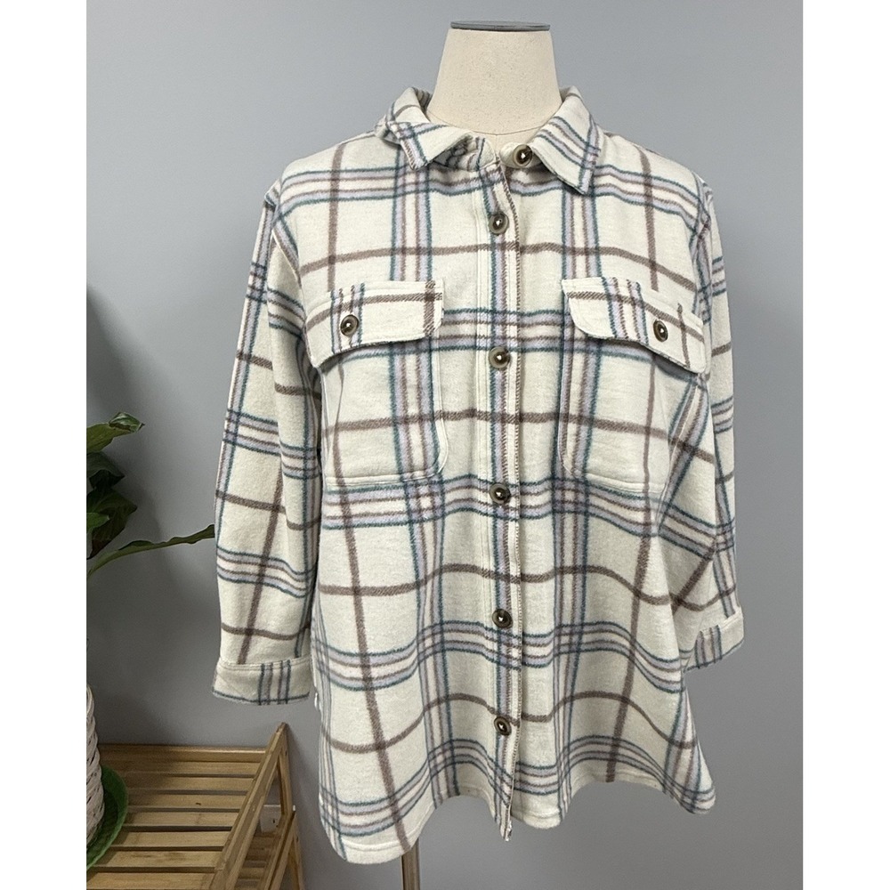 NWOT Falls Creek Plaid Fleece Shacket Womens 2X Cream Button Down Shirt Jacket